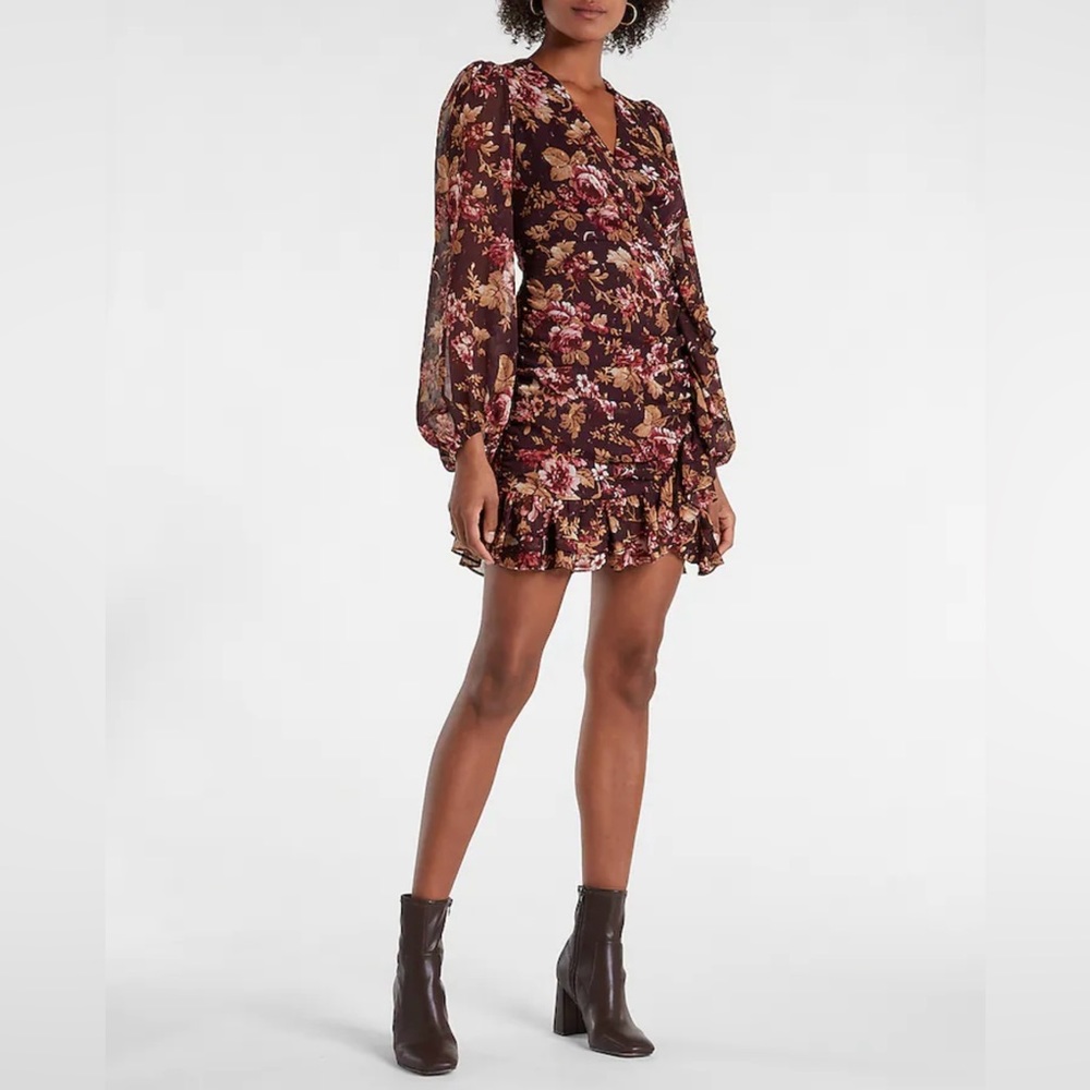 Express Floral Print Faux Wrap Ruffle Mini Dress - Picture 2 of 8